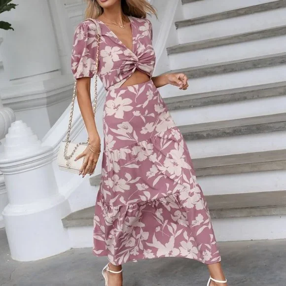 Dusty Pink Boho Womens Floral Print Twist Front Cut Out Ruffle Hem Dress - Picture 4 of 5